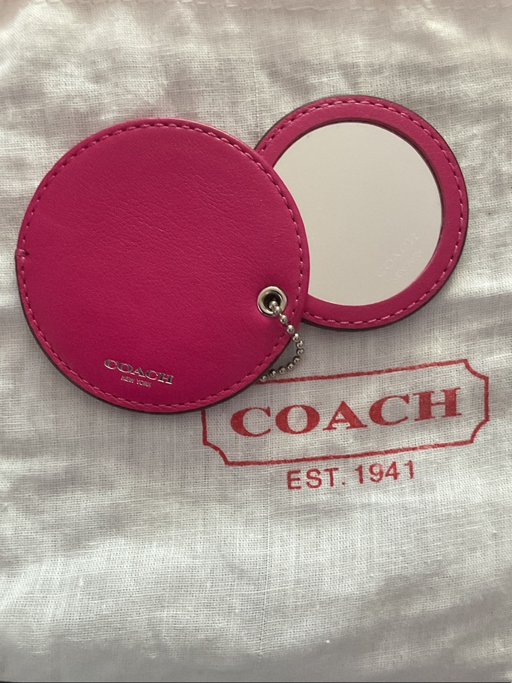 Coach Hot Pink Leather Round Compact Mirror with Chain